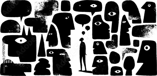 Abstract faces and silhouettes in monochrome art composition