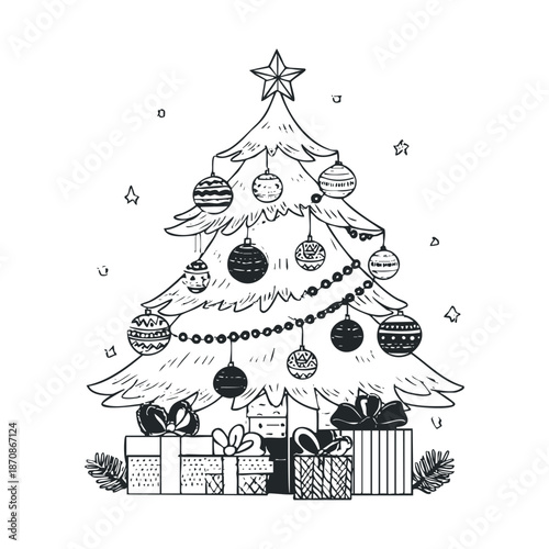 A charming handdrawn Christmas tree adorned with festive ornaments and wrapped gift boxes makes an appealing graphic for holiday season greetings and winter event announcements.