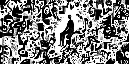 Silhouette of seated person amid abstract black and white artwork