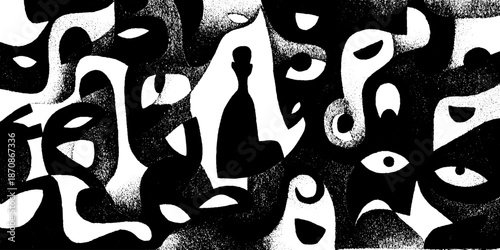 Abstract monochrome artwork with chess piece and eyes amidst surreal patterns
