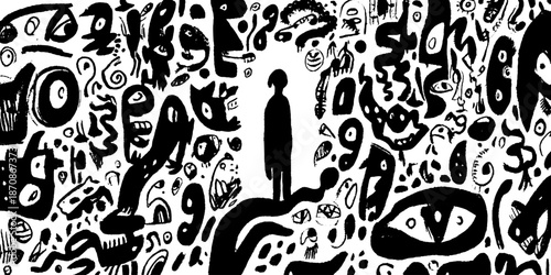 Silhouette of person amid abstract black and white doodles