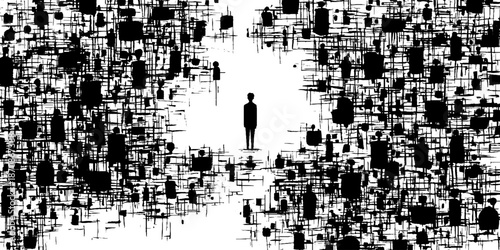 Solitary figure in abstract black and white urban landscape