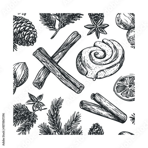 Hand drawn Christmas and winter holiday elements including pine cones, fir branches, cinnamon sticks, star anise, a cinnamon roll, and dried orange perfect for seasonal graphic prints and