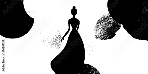 Silhouette of a female in elegant gown against abstract background