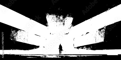 Silhouette of lone figure in abstract monochrome urban landscape
