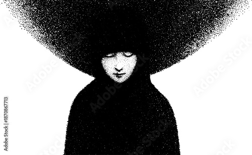 Monochrome portrait of female in black hoodie with oversized hat