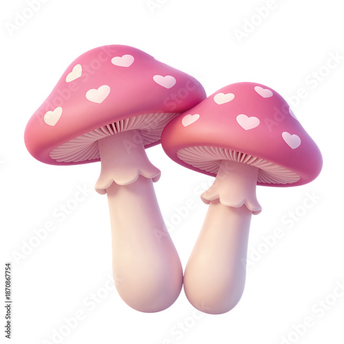 Two pink mushrooms with heart patterns on caps.