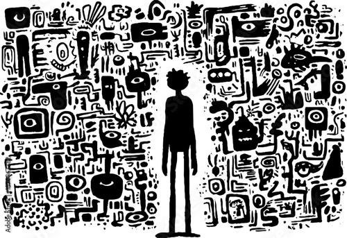 Silhouette of person amid abstract black and white doodle art