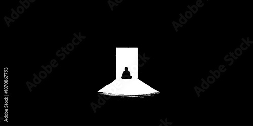 Solitary meditation: person in dark room facing light