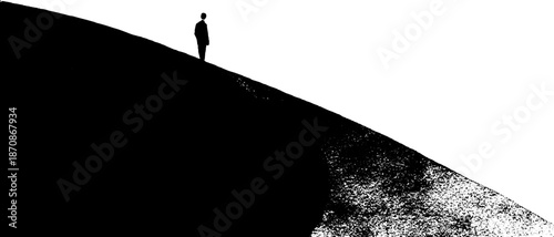 Silhouette of solitary figure on hilltop in minimalist black and white landscape scene