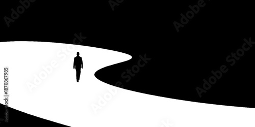 Silhouette of person walking on curved path against stark black and white contrast