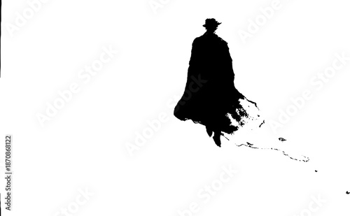 Silhouette of a lone cowboy walking through a white landscape