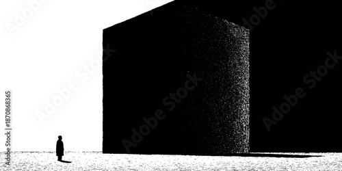 Silhouette of person facing giant monolithic cube in stark minimalist landscape