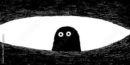 Black and white cartoon creature with big eyes in abstract surrounding