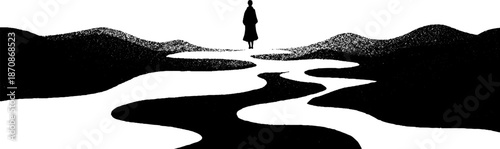 Silhouette of person amidst abstract black and white landscape