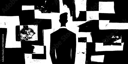 Abstract silhouette of young male in black and white geometric art