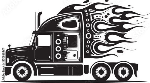 Side view of semi truck with flame design on the side and white background