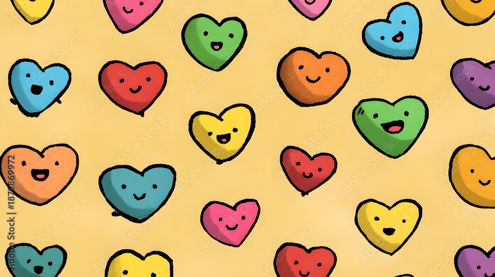 Fototapeta premium Happy Cartoon Hearts Pattern Seamless Background Cheerful Love Icons