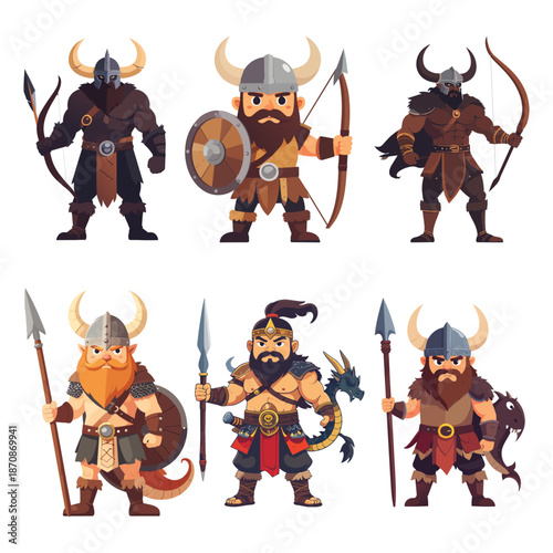 A set of funny cartoon animals featuring a cute monster bull and devil character with horns designed as a viking farm cow illustration for a fun nature drawing