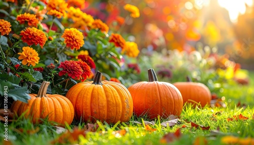 Autumnal Pumpkins and Marigolds in a Sunny Garden Setting.
