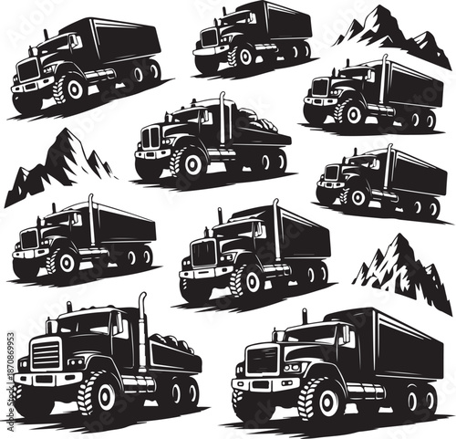 blackandwhite illustration of various trucks and mountains
