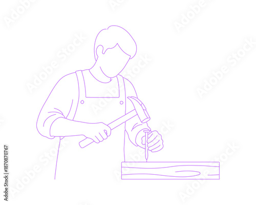 Carpenter Hammering Wood Lineart Illustration