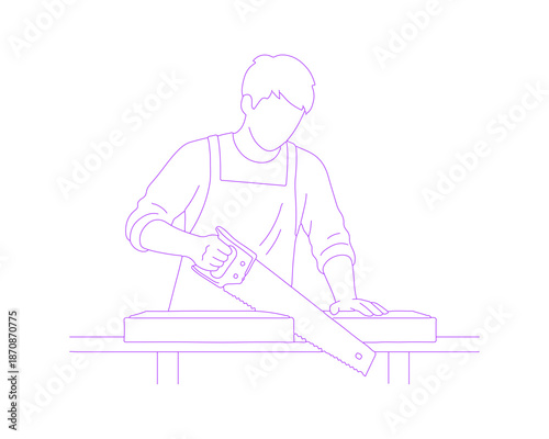 Carpenter Sawing Wood Lineart Illustration