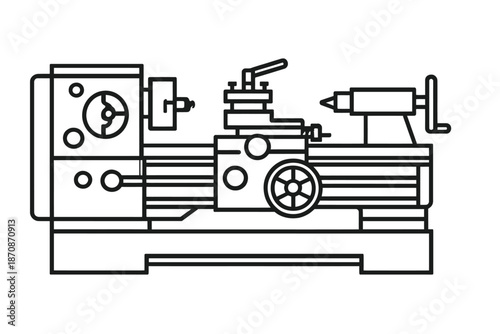 Lathe Machine Outline Vector: Precision metalworking for turning, drilling, shaping. Line art diagram. Mechanical engineering, manufacturing. Headstock, tailstock, carriage, tool post.