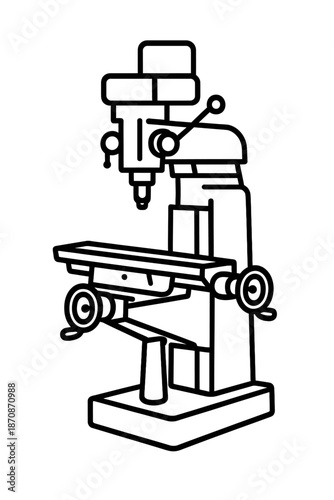Line Art Icon of a Robust Industrial Vertical Milling Machine, Perfect for Precision Metalworking and Machining Tasks in Modern Workshops. This Versatile Mill/Drill Press Handles Drilling, Cutting