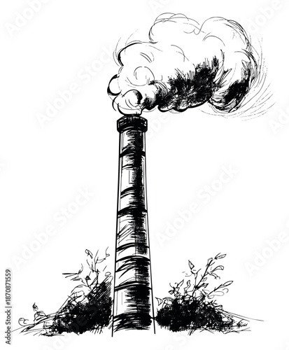 Hand drawn line art illustration of an industrial chimney depicting heavy smoke emission for environmental pollution