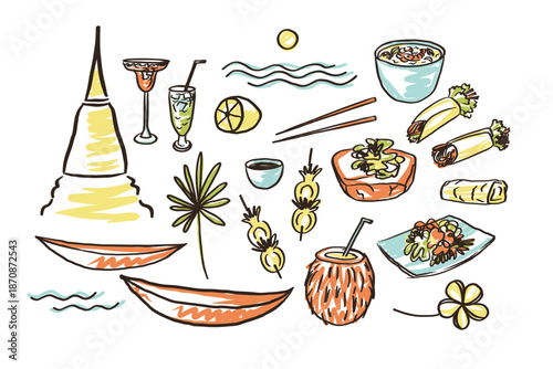 Hand drawn Thai and Tropical Food illustration set. Exotic dishes, drinks, desserts astal elements in doodle style. For Asian restaurant, travel, design, menu, food blog, packing, lifestyle branding
