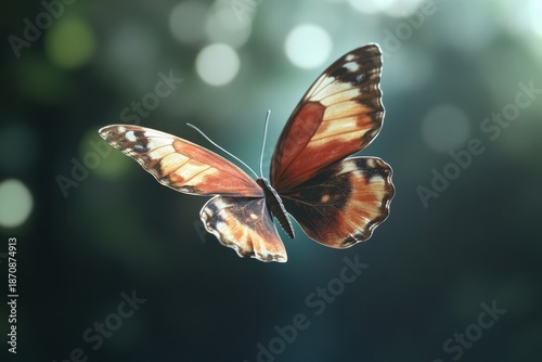 Colorful butterfly in flight amidst soft sunlight in a natural setting