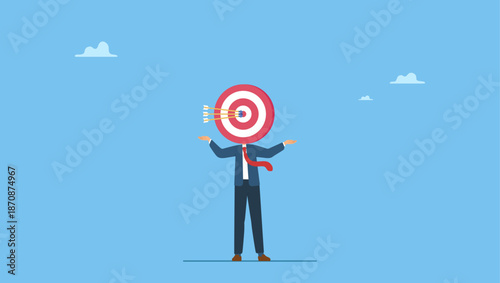 Businessman archery target head and 3 arrows hit bullseye accurately. Marketing target audience for advertising, head hunter for job and career recruitment, targeting customer or prospect.