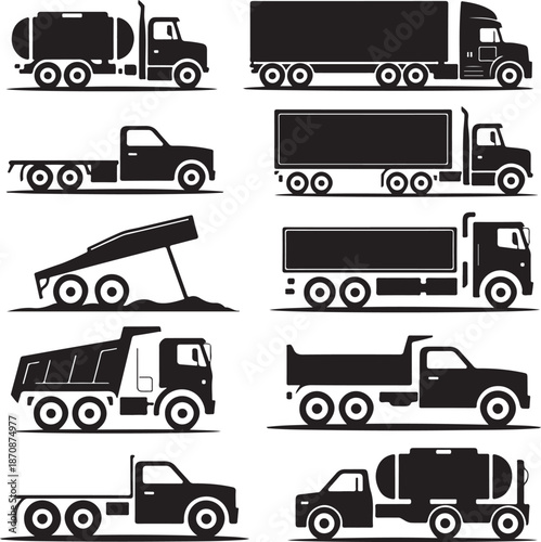 black silhouettes of various trucks on white background