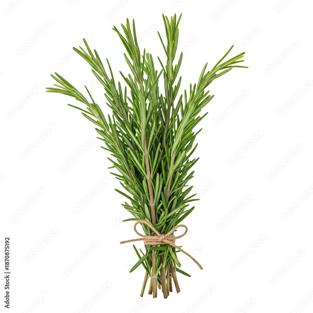 Fototapeta premium Fresh rosemary herb bunch isolated on transparent background, tied with twine, studio shot