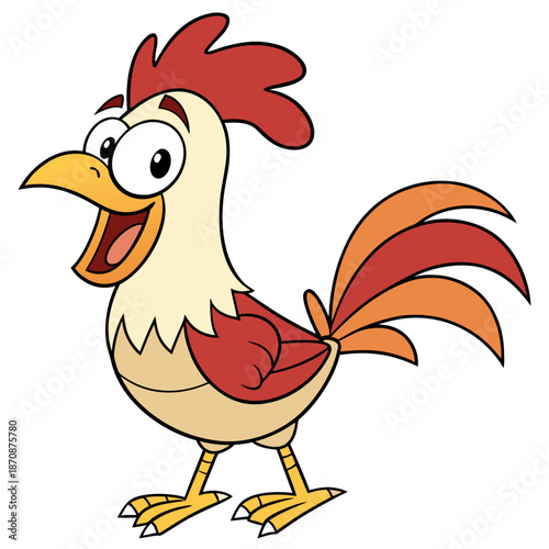 A cheerful cartoon rooster with large eyes, vibrant red-orange feathers, and an animated expression stands upright, appearing to crow or speak. Its playful design and bright colors make it ideal.