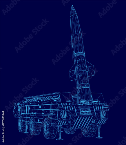 A detailed military missile blueprint on a blue background features a pointed tip and cylindrical body. The stark white wireframe contrasts sharply with the dark backdrop for technical clarity.