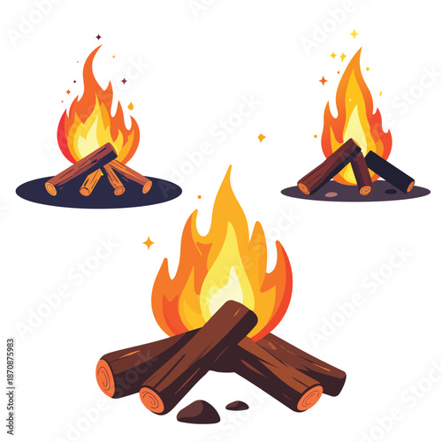 A vibrant vector illustration of a burning orange and red fire symbol featuring hot flaming heat elements and a warm yellow light design to signify a dangerous bonfire or campfire inferno