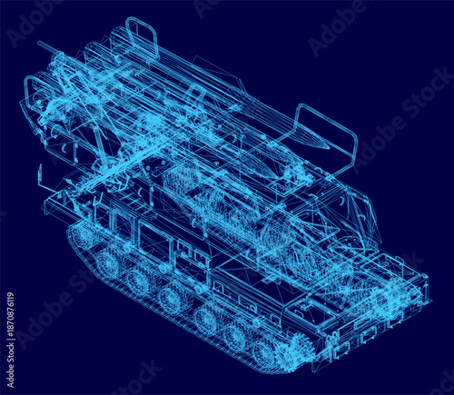 A detailed 3D wireframe model of a military tank and rocket launcher on a solid blue background, presented as a technical blueprint.
