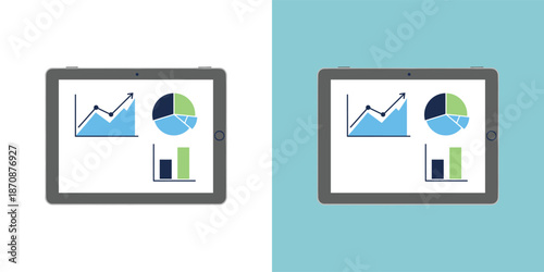 Data visualization on two monitors displaying various charts and graphs on a split background