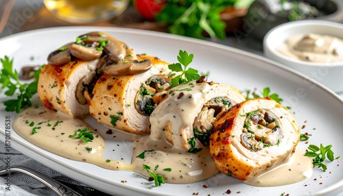 Delicious Chicken Roulade with Spinach and Mushroom Filling on a Plate.
