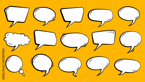 Set of Comic Speech Bubbles and Thought Balloons in Hand-Drawn Doodle Style on Vibrant Yellow Background. Pop Art Retro Dialogue Box Collection for Chatting.