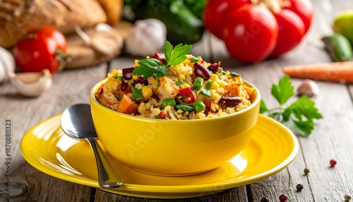 Colorful Quinoa Salad Bowl with Fresh Vegetables and Herbs.