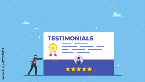 Businessman pushing testimonial card with good reviews. Testimonials client review, customer praise or opinion or feedback giving 5 stars rating, message or positive comment, quality service.