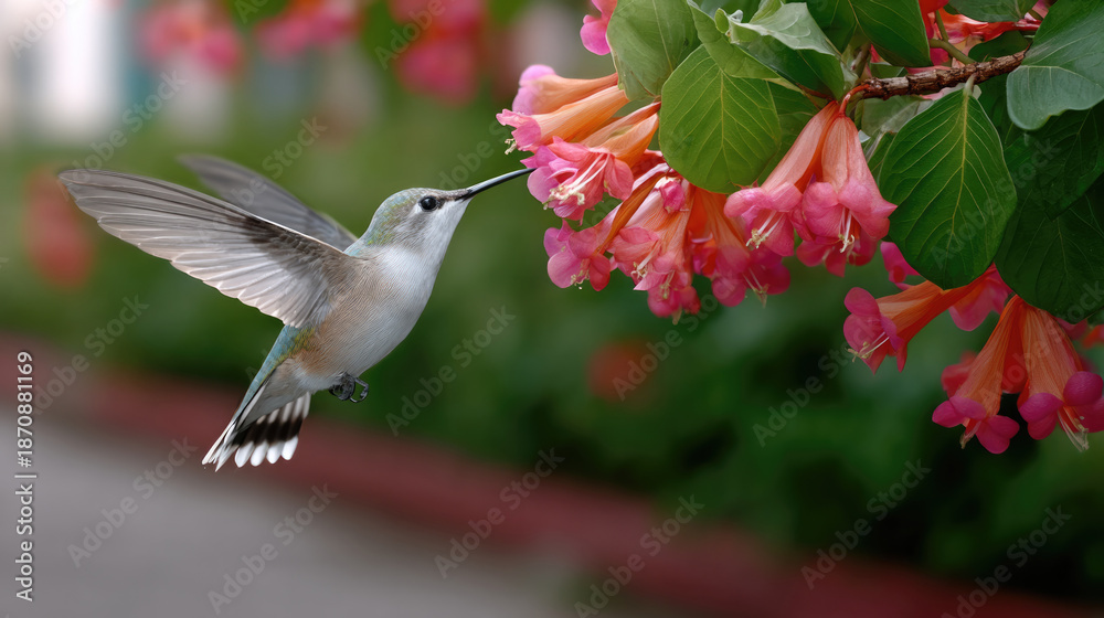 Fototapeta premium Side view of hummingbird hovering near vibrant pink flowers, delicate wings in motion, lush green background, nature beauty