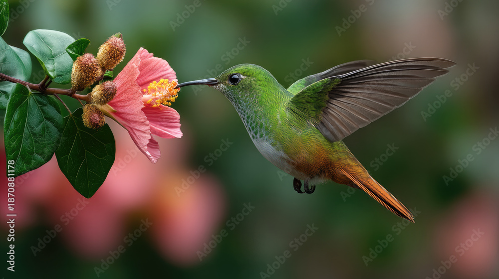 Naklejka premium Side view of green hummingbird hovering near pink flower, feeding with its beak, vibrant nature background