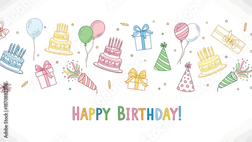 Colorful birthday greeting card with cakes, balloons, and presents