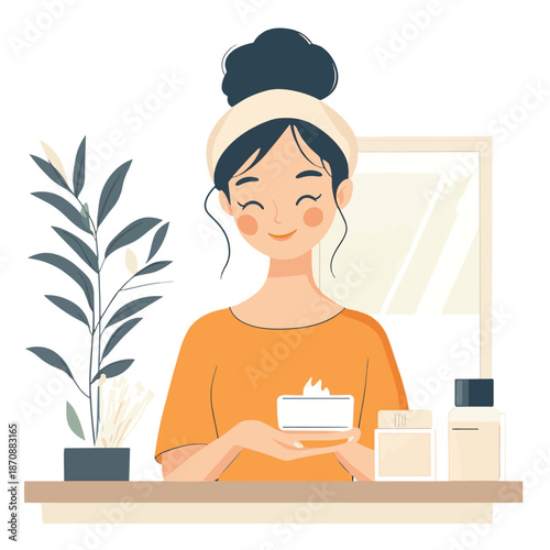 Skincare routine. Happy cute young woman  applying face cream. Self care concept. Hand drawn vector flat cartoon style illustration , vector style simple color