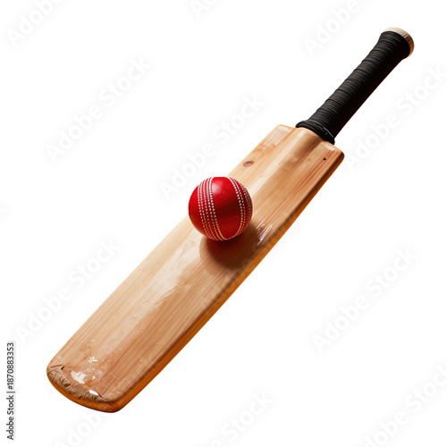 Wooden cricket bat with red ball resting on it