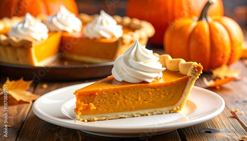 Delicious Pumpkin Pie Slice with Whipped Cream Topping.